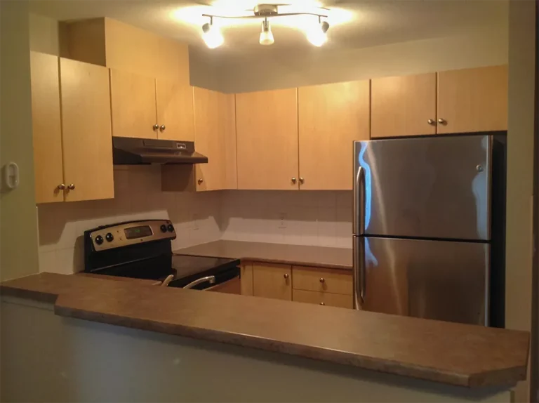Modern kitchen with stainless steel appliances, light wood cabinets, and a breakfast bar. AZ Painting Ltd.